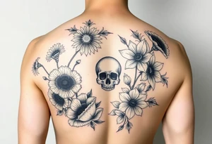 Half sleeve of Dark feminine florals with daisies, poppies, white narcissus, sweet peas, gladiolus with a feminine skull tattoo idea