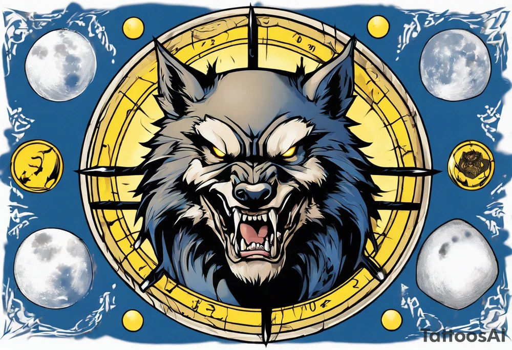 A large 20 sided Dice in the center with numbers and wolverine claw marks framing the area underneath the dice and a werewolf howling at the moon in the background, and blue and yellow faded background color tattoo idea