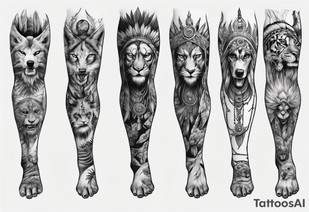 indian realistic leg sleeve with maybe some animals evil looking tattoo idea