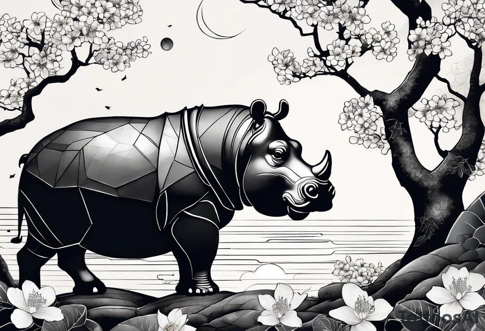 Asymmetrical, geometric, chinese ink art touch, hippo , full moon, wintersweet flower, light , modify from my favourite, ratio 9:16 tattoo idea