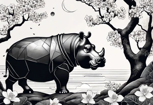 Asymmetrical, geometric, chinese ink art touch, hippo , full moon, wintersweet flower, light , modify from my favourite, ratio 9:16 tattoo idea