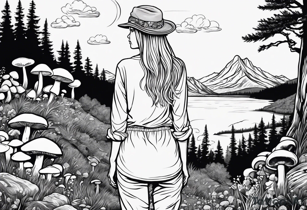 Whole picture encircled fully

Straight long blonde hair hippie girl in distance holding mushrooms in hand facing away toward mountains and creek surrounded by mushrooms long sleeve shirt and hiking pants; whole rendering within a full circle, no cut off circle tattoo idea
