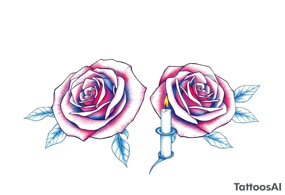 Two roses, two short candles, blue tattoo idea