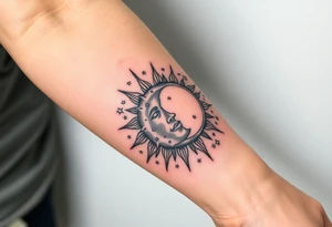 celestial sun and moon embrace with constellation patterns tattoo idea