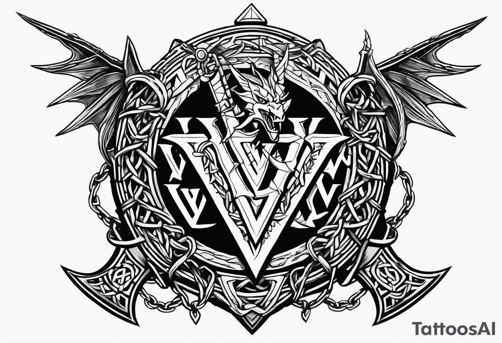 Valhalla sword shield dragon axe Valknut barbed wire chains tattoo idea Valhalla sword shield dragon axe Valknut barbed wire chains tattoo idea
