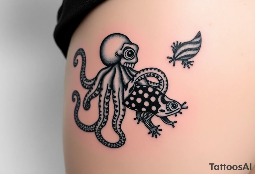 octopus, poison dart frog, pufferfish on right butt cheek tattoo idea