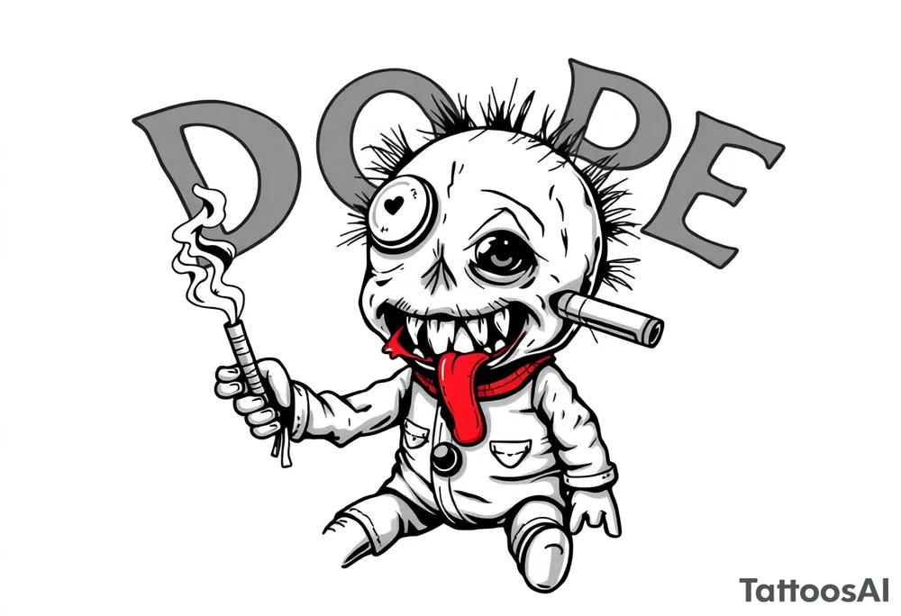 Stitched up rag doll with a button as one eye and some thread as the other. Scary. Warn down. Razor like shark teeth with blood dripping. Holding some money in one hand and a cigar in the other hand. Smoke pouring off the cigar with the cloud of smoke above spelling out the word DOPE tattoo idea
