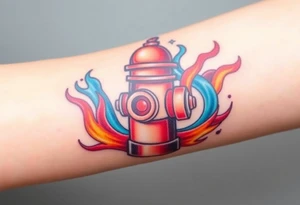 A detailed fire hydrant wrapped in a swirling water-and-flame motif, blending cool blue with fiery red and orange tones. tattoo idea