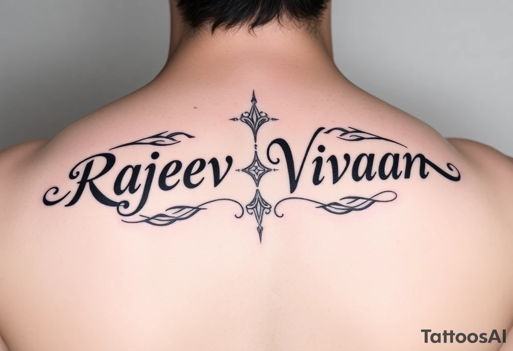 Merge Rajeev and Vivaan names together so that one side reads as Rajeev  and another side as vivaan tattoo idea