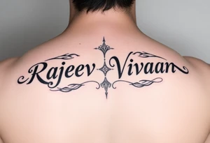 Merge Rajeev and Vivaan names together so that one side reads as Rajeev  and another side as vivaan tattoo idea