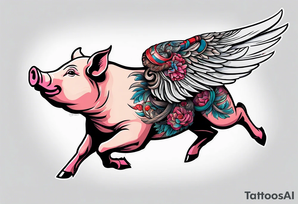 pig flying away from giant eagle tattoo idea