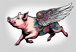 pig flying away from giant eagle tattoo idea