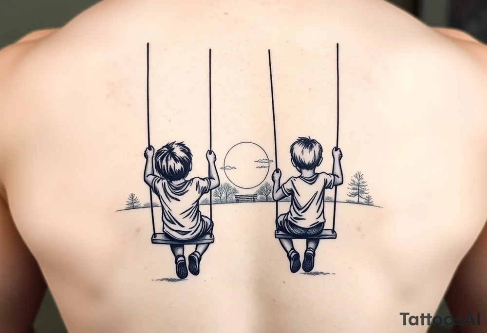 2 boys swinging on swings at a park while the sun is setting tattoo idea