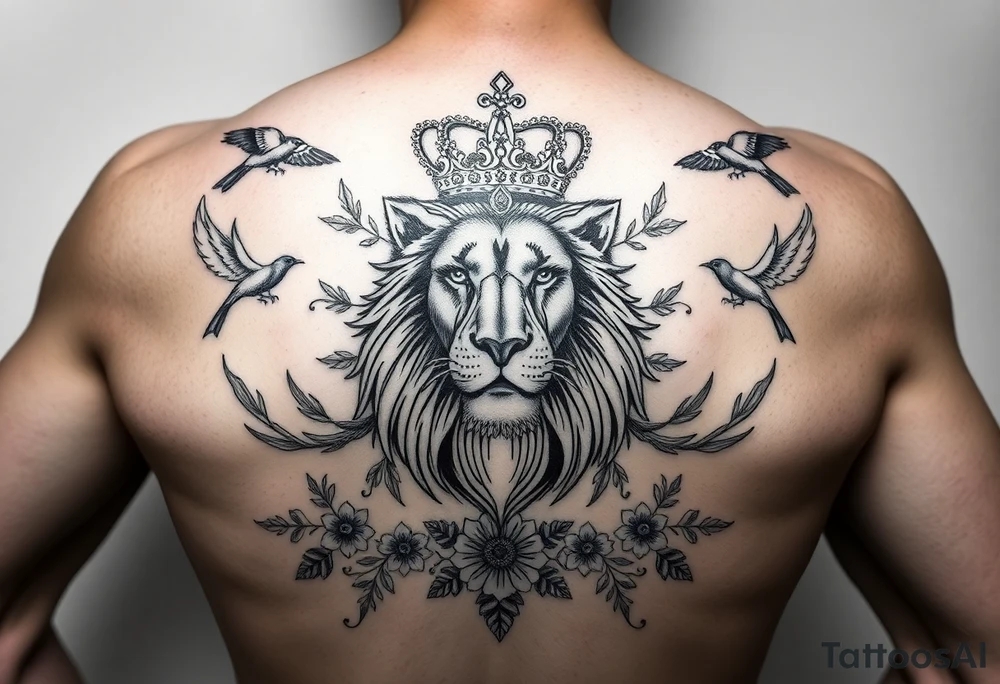 powerful majestic lion with a crown, surrounded by floral ornaments and birds tattoo idea