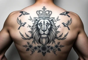 powerful majestic lion with a crown, surrounded by floral ornaments and birds tattoo idea