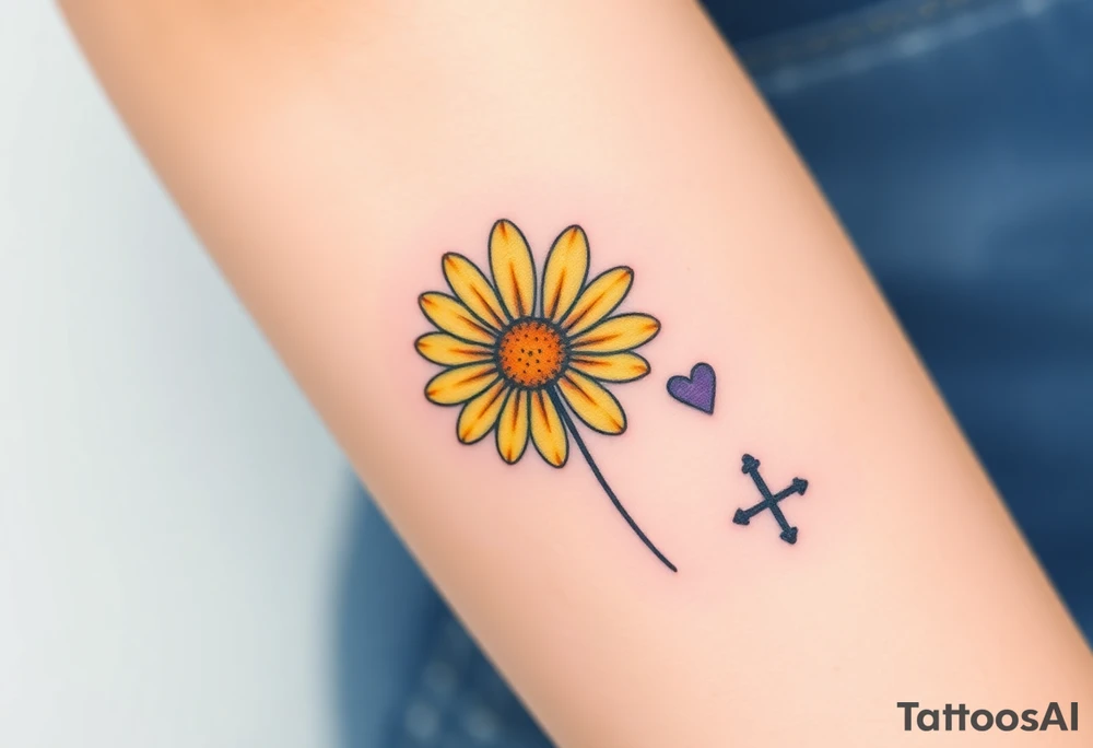 Simple yellow daisy with Purple Hearts & cross tattoo idea