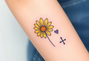 Simple yellow daisy with Purple Hearts & cross tattoo idea