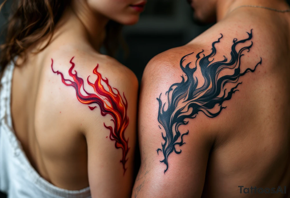 Matching red and orange flame tattoos on one partners shoulder and on second partner shoulder tattoo idea