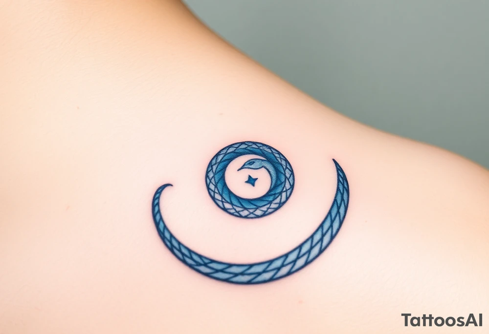 A blue and silver Ouroboros snake forming cyrcle, with cosmic patterns resembling a swirling galaxy within its body. tattoo idea