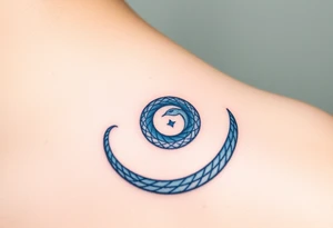 A blue and silver Ouroboros snake forming cyrcle, with cosmic patterns resembling a swirling galaxy within its body. tattoo idea