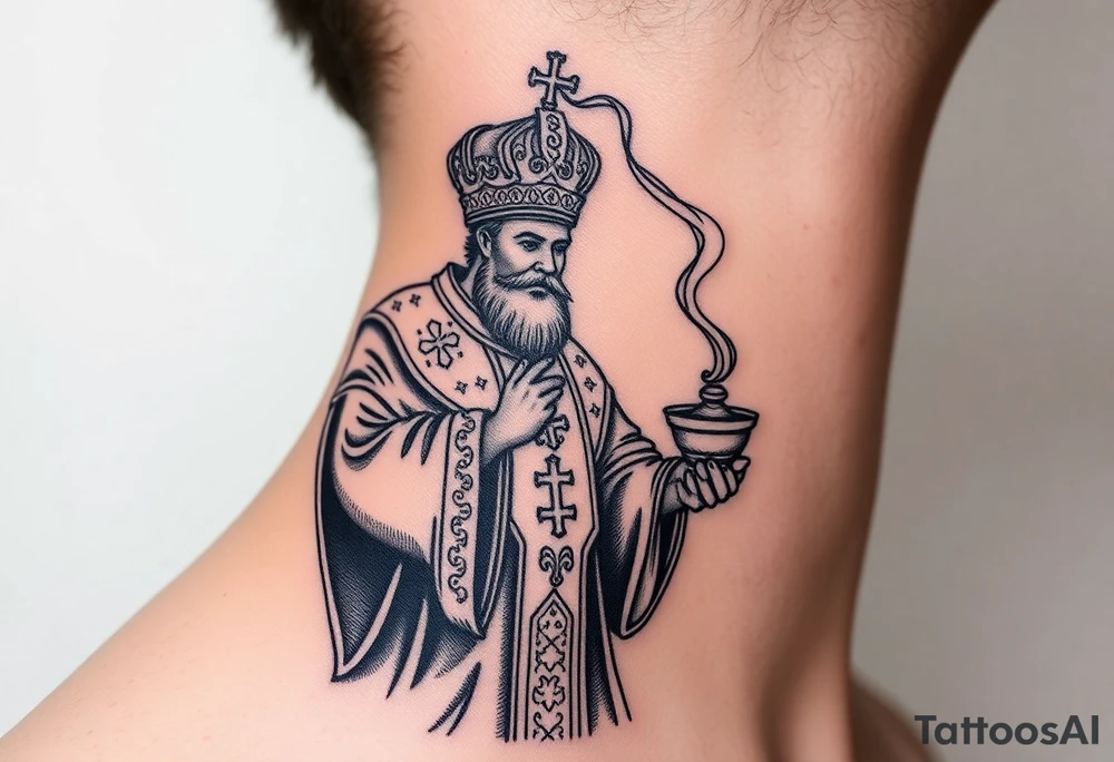 Russian Orthodox Priest in a fully detailed gold vestment swinging a censer with smoke curling upward tattoo idea