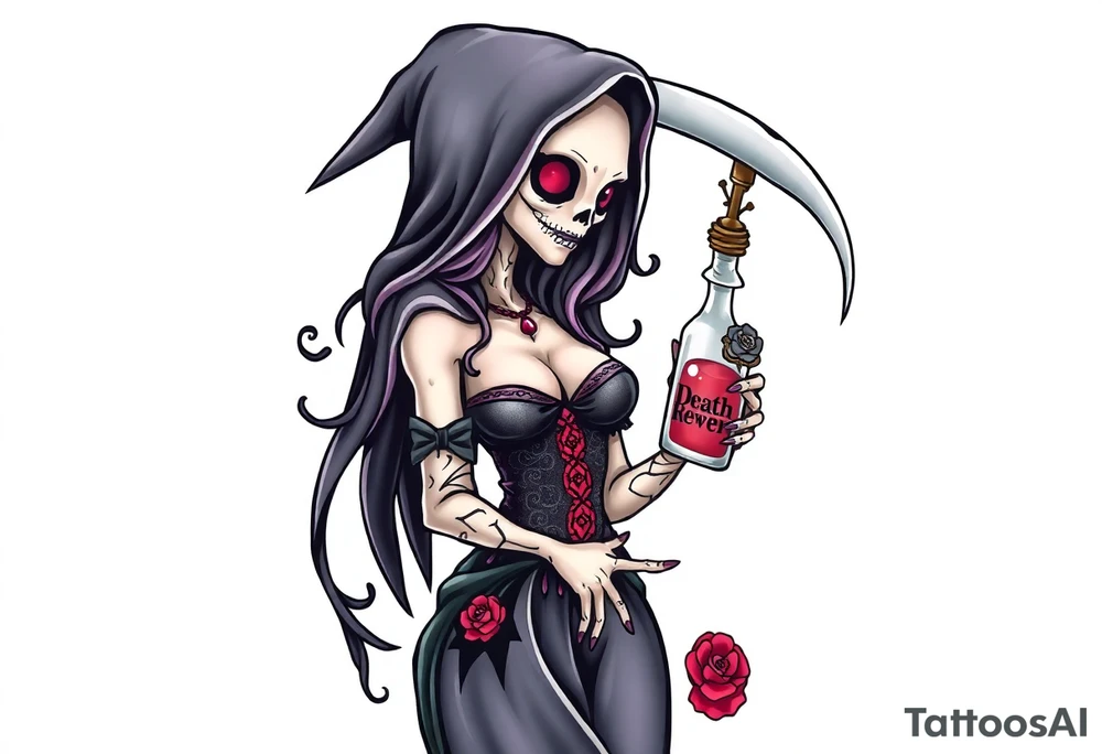 Sexy  xxx Female grim. Reaper and her
 death bringer poison bottle tattoo idea