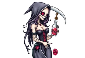 Sexy  xxx Female grim. Reaper and her
 death bringer poison bottle tattoo idea