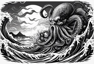 A kraken octopus monster underwater ensnaring Poseidon as he thrust his trident into the beast. Turbulent storm with lightning & waves crashing tattoo idea