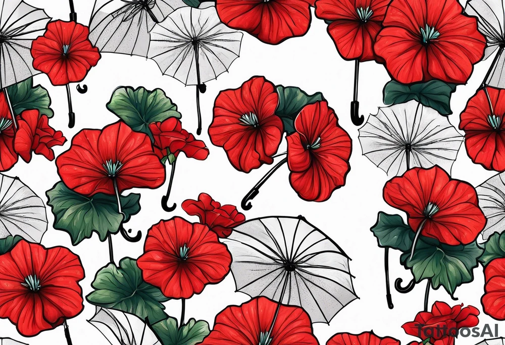 Upside down Umbrella with red geraniums with rain tattoo idea