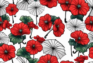Upside down Umbrella with red geraniums with rain tattoo idea