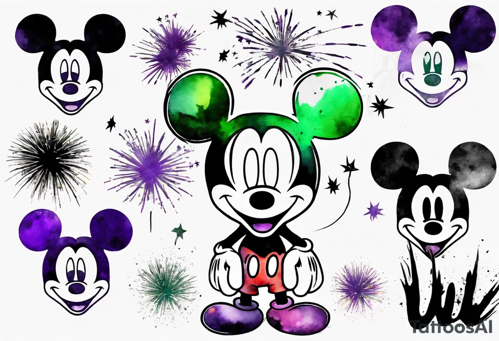 Mickey head in black and white with watercolor fireworks behind in green purple and yellow. tattoo idea