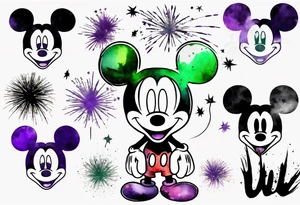Mickey head in black and white with watercolor fireworks behind in green purple and yellow. tattoo idea