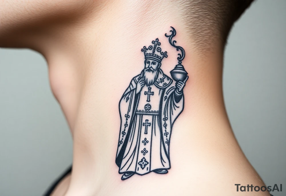 Russian Orthodox Priest in fully detailed vestment swinging a censer with smoke curling upward tattoo idea