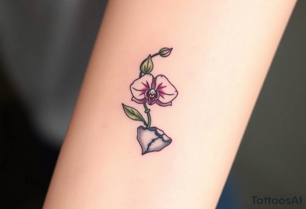 A single orchid growing from cracked stone, symbolizing strength and beauty in adversity tattoo idea