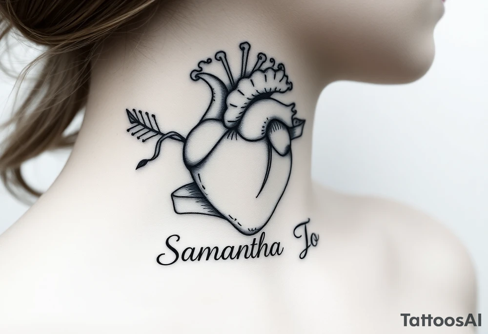 anatomical heart pierced by ornate arrow with flowing ribbons with the name Samantha Jo tattoo idea