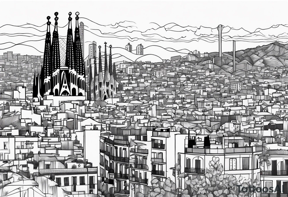 Barcelona cityscape with culture and music tattoo idea