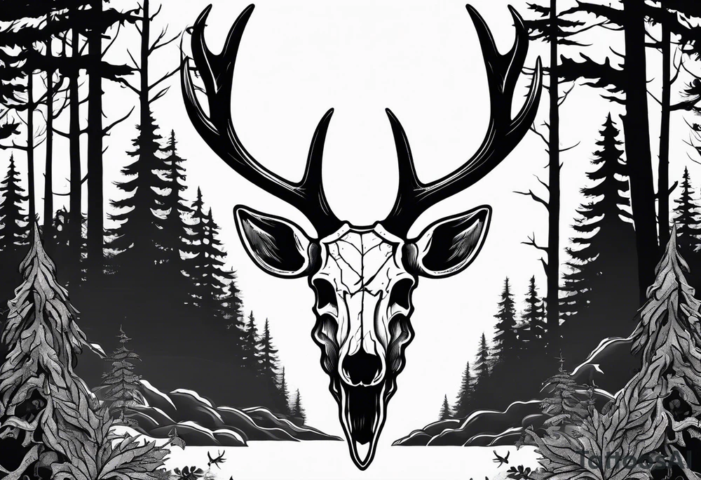 scary side view of a DECAYING deer skull JUST BONE surrounded by a forest fire in background tattoo idea