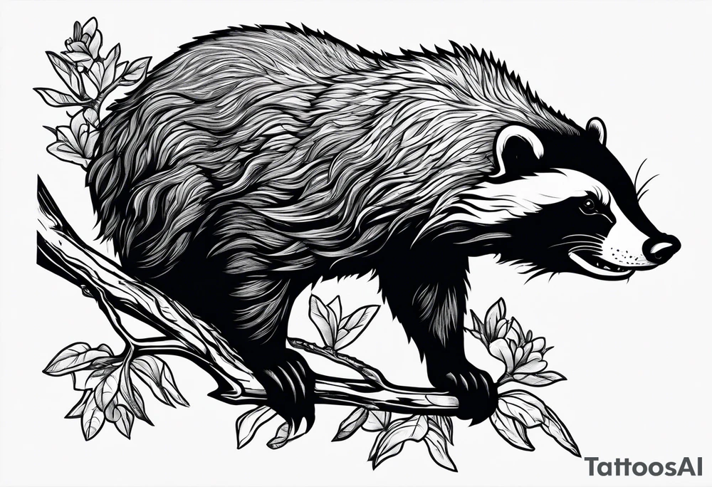 honey badger hanging off branch tattoo idea