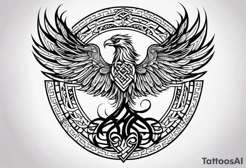 Viking Vegvisir with phoenix wings around it, Viking Valknut, tree of life with roots tattoo idea