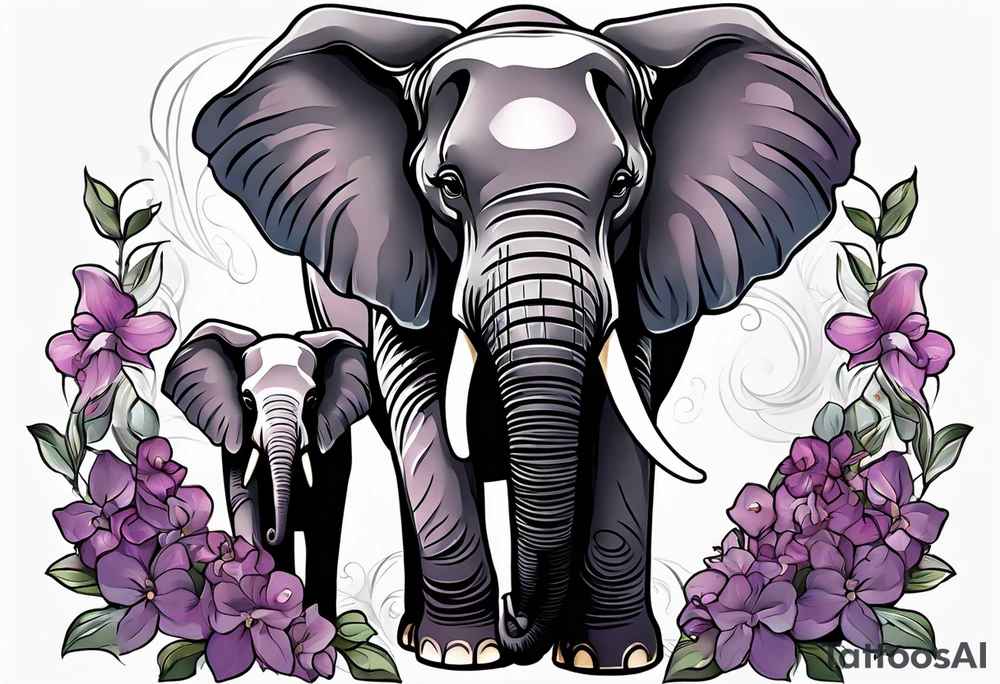 Elephant with baby Elephant holding lilacs tattoo idea