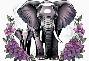 Elephant with baby Elephant holding lilacs tattoo idea