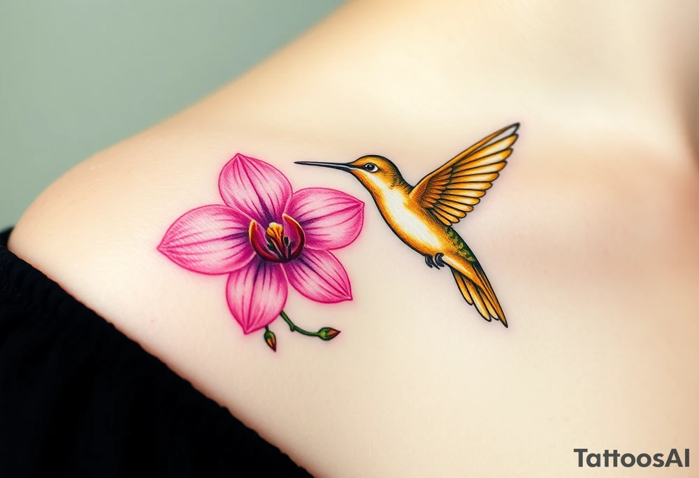 A golden hummingbird hovering near a vibrant pink orchid, capturing movement and grace tattoo idea