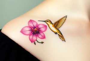 A golden hummingbird hovering near a vibrant pink orchid, capturing movement and grace tattoo idea