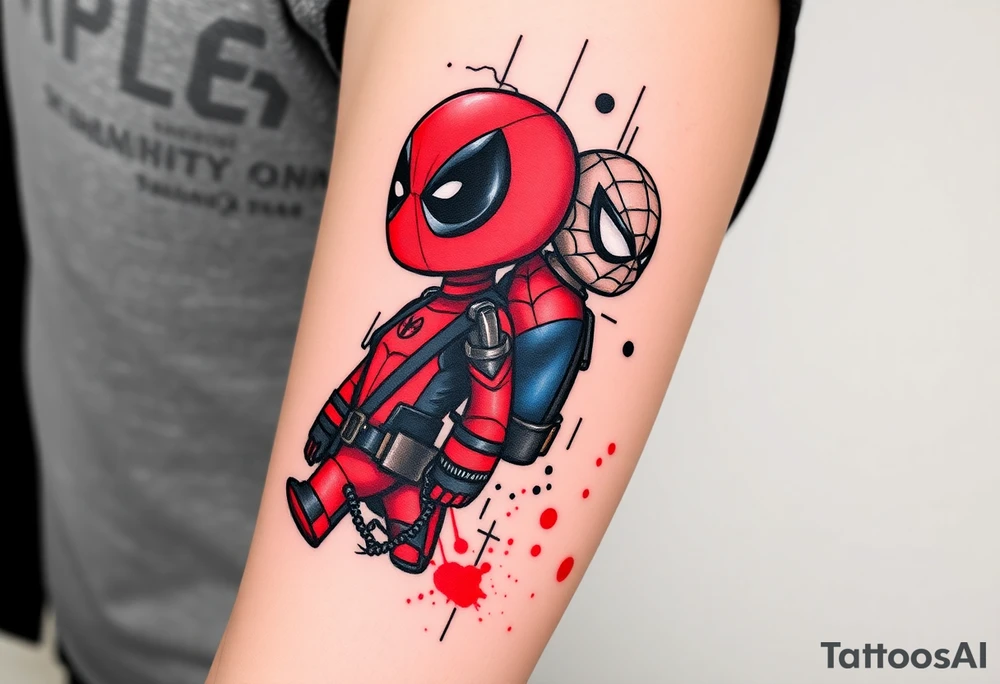 Project: Upper Arm Half-Sleeve Tattoo (Chibi Marvel Duo)
Placement: Upper Arm (Shoulder cap down to just above the elbow)
Reference Images: Chibi Deadpool (Image 1) and Chibi Spider-Man (Image 2)
Design Request & Layout:
* Please stack the characters dynamically to fit my upper arm. I'd like Deadpool positioned near the top/shoulder cap, and Spider-Man sitting near the bottom/above the elbow.
* Use the dangling spider and its web thread, along with loose, energetic construction lines, to transition between the two characters and wrap the design around the arm.
Art & Color Style:
* Linework: Please harmonize both characters into a singular, unified style—blending Deadpool's clean comic ink lines with Spider-Man's raw, cross-hatched sketchbook aesthetic.
* Color: The base of the tattoo should be gritty black-and-grey sketch shading. However, I want vibrant pops of red on their suits.
* The Splatter Effect: Instead of keeping the red cleanly inside the lines, please style the red color as a loose, dynamic watercolor/ink splatter effect that bursts out past their outlines and fades into the negative skin space. tattoo idea