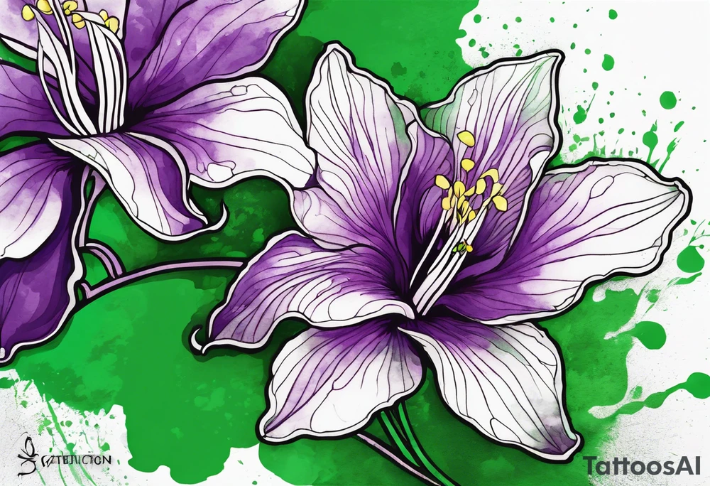 An outline of a green and purple rio dipladenia flower with a mystical green/purple watercolor splash in the background tattoo idea