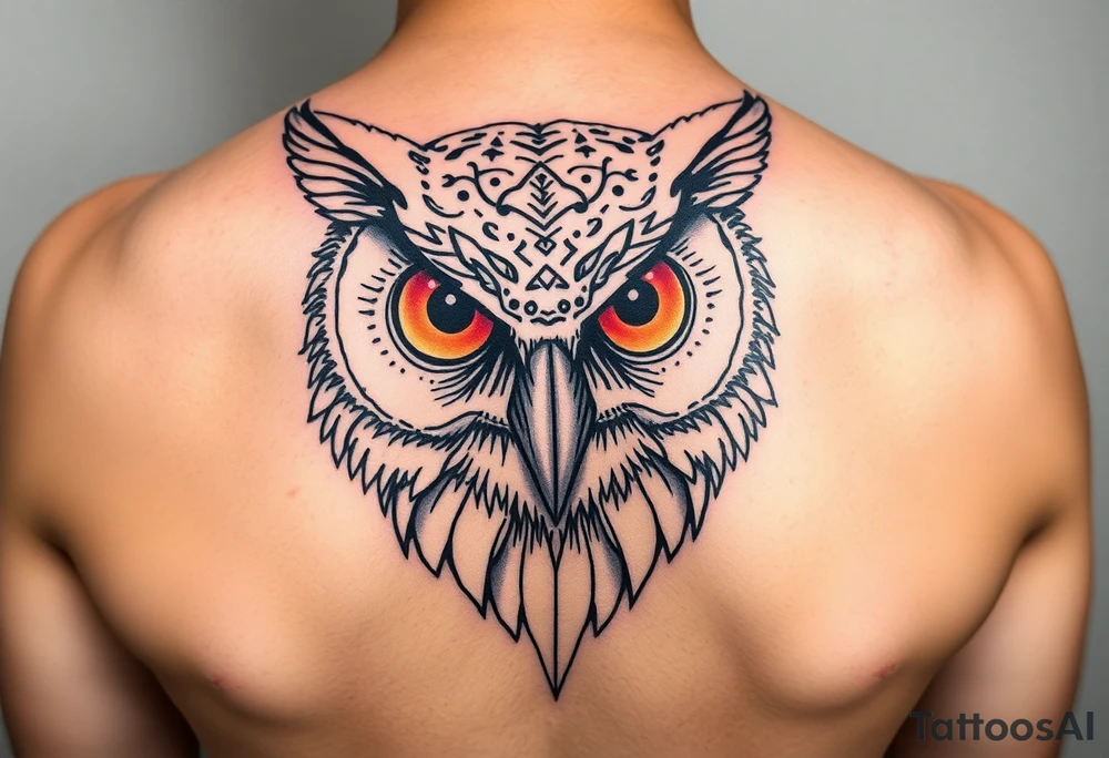 Biomechanics  large colored tripping eye owl head tattoo idea