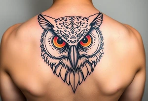 Biomechanics  large colored tripping eye owl head tattoo idea