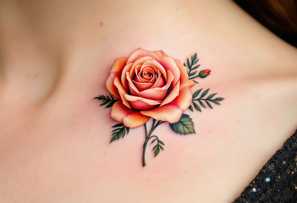 Realistic mini roses head in orange hues, showing delicate petal layers with no stem, ideal for clavicle or wrist. tattoo idea