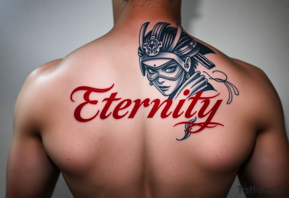 Eternity in elegant font in red and samurai girl with an over her face tattoo idea