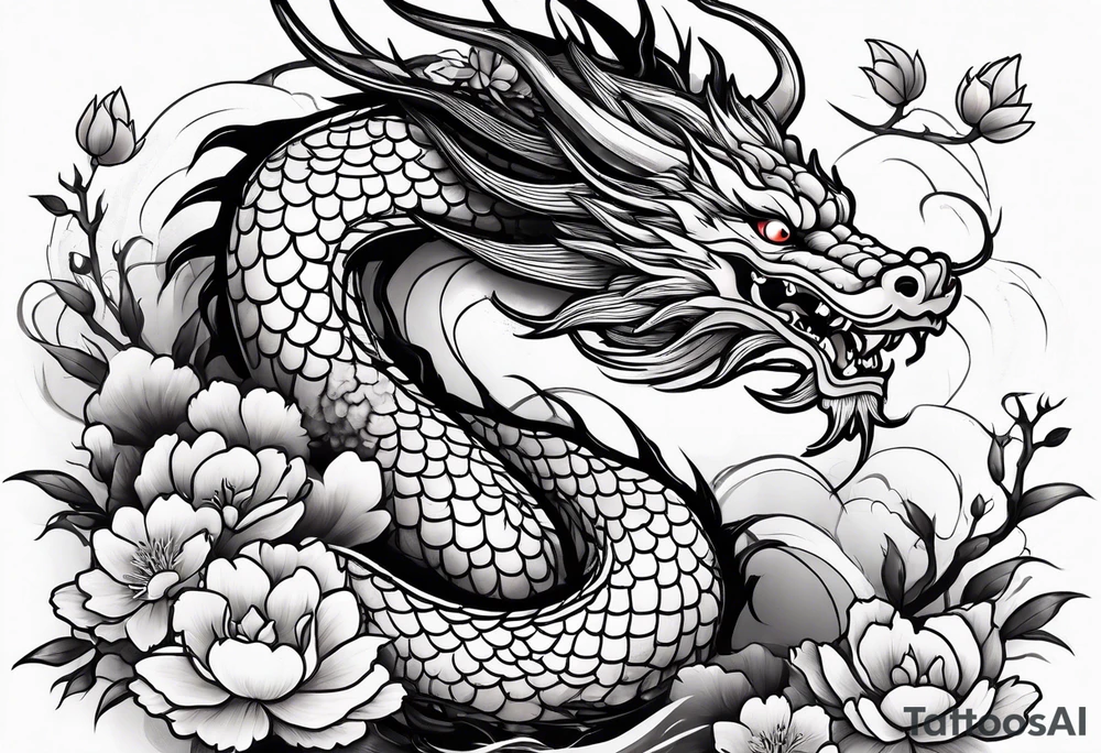 chinese dragon with sakura flowers tattoo idea